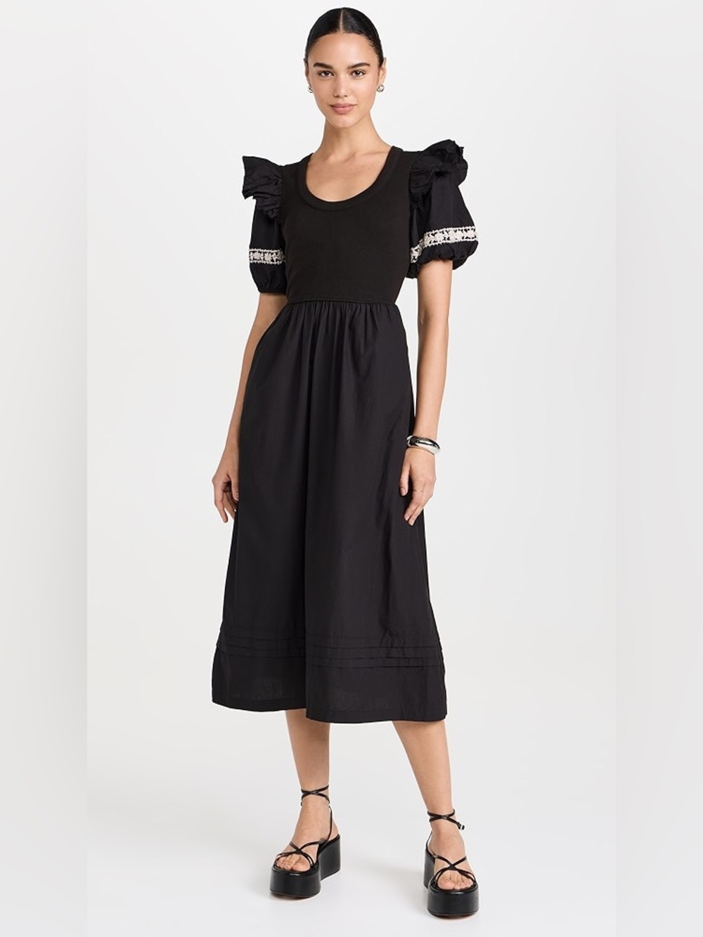 Cleobella Selma Black Midi Dress Embroidered Puff Sleeves